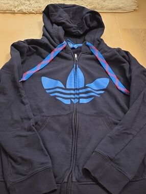 adidas Black Hoodie with Blue Trefoil and Red-Blue Drawcords